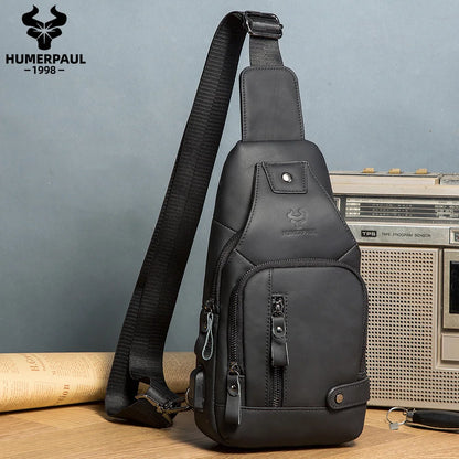 HUMERPAUL Men's Usb Chest Bag 100% Genuine Leather Crossbody Shoulder Bags Multifunction Travel Outdoor Messenger Pack Fashion