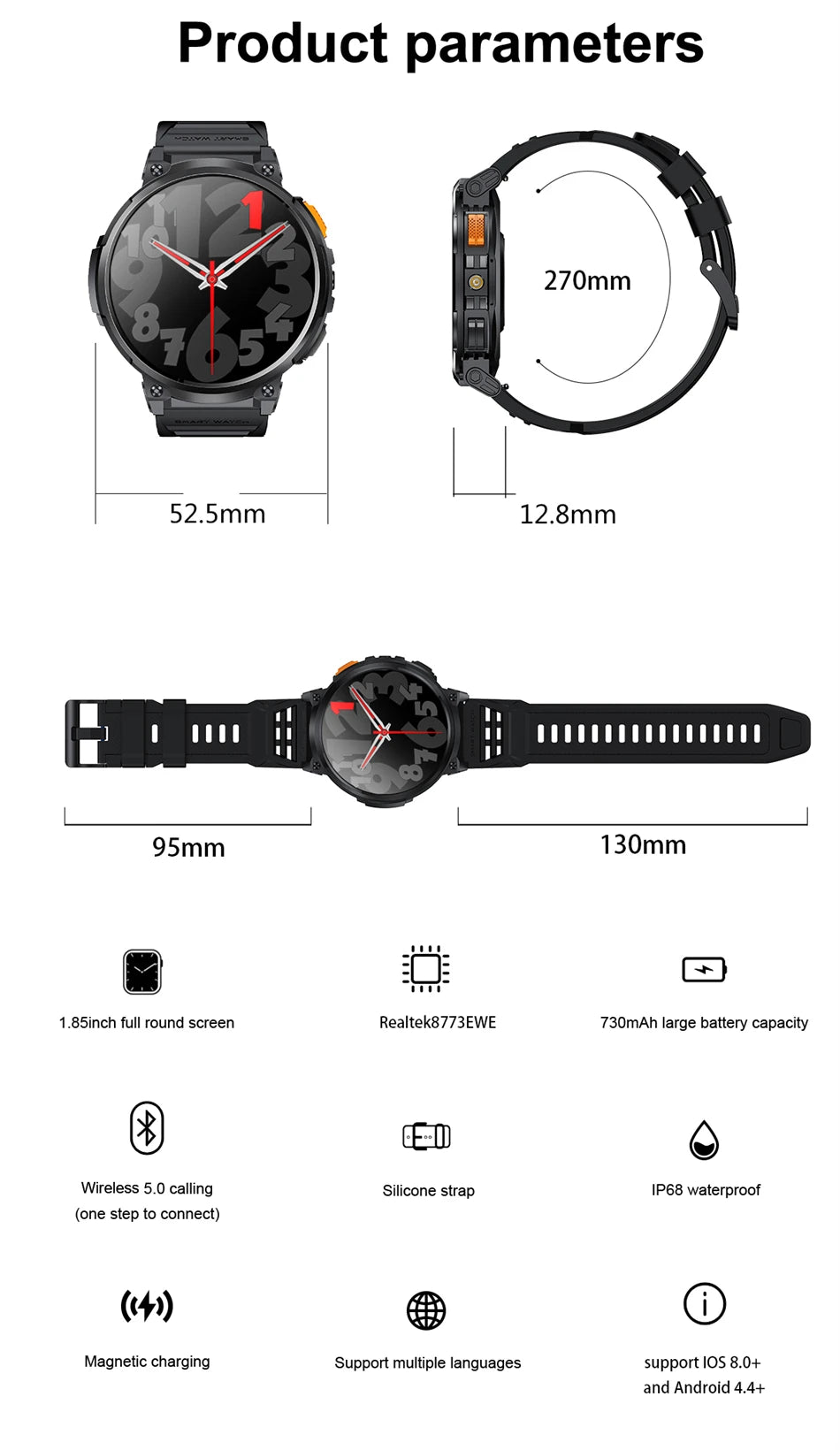 LIGE 1.85"HD Screen Outdoor Sport Smartwatch Men Heart Rate Flashlight Watch 730mAh Battery Waterproof Wireless Call Smart Watch