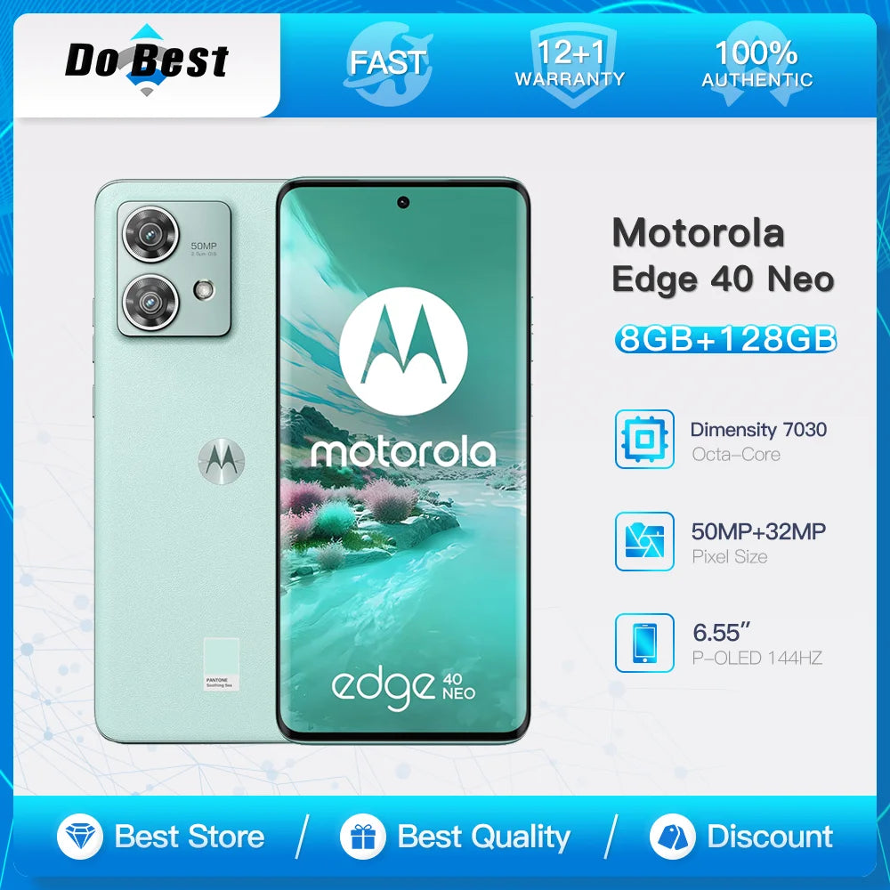 Motorola Moto Edge 40 Neo 5G Mobile Phone 6.55" P-OLED 144Hz 128GB ROM 8GB RAM Dimensity 7030 Octa-Core Android Cell Phone
