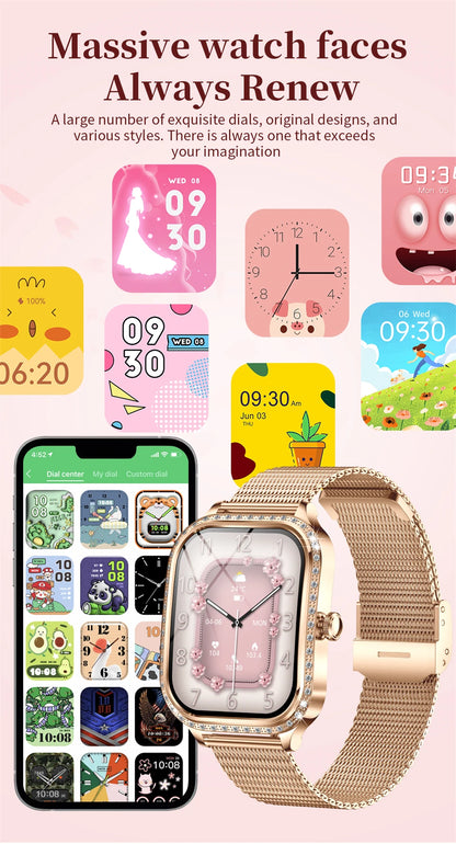 New Fashion Women Smart Watch 1.75inch Curved Screen Sports Bracelet BT HD Calling Clock IP68 Waterproof Diamond Case Smartwatch