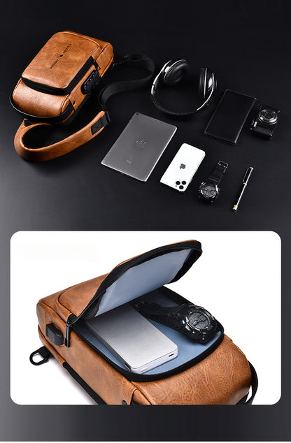 New Casual Chest Bag Travel shoulder bag Men Multifunction Anti-theft USB Charging Crossbody Bag Quality PU Leather Pack Male