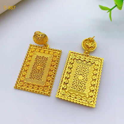 Luxury Dubai Rectangle Necklace And Earrings Jewelry Sets For Women Ethiopian Indian Bridal 24k Gold Color Set Wedding Party