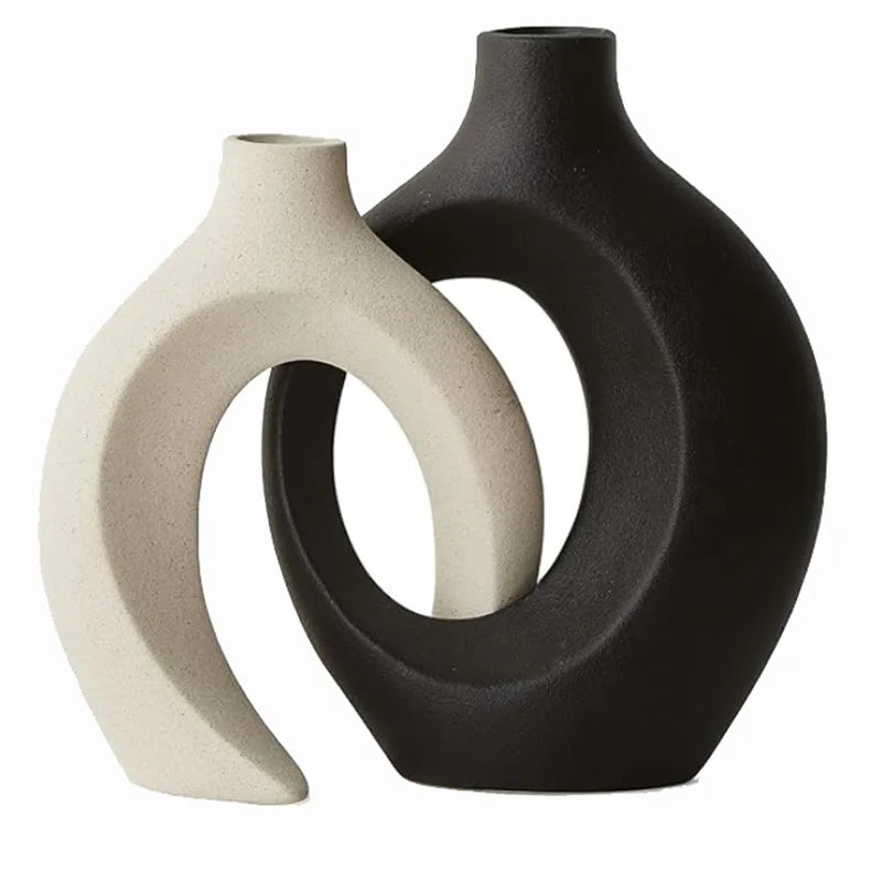 ,  Hollow Cuddled Ceramic Vase, 2 for Modern Home Decoration, Boho Donut Vase, Black and White Minimalist Decorative Flowerpot
