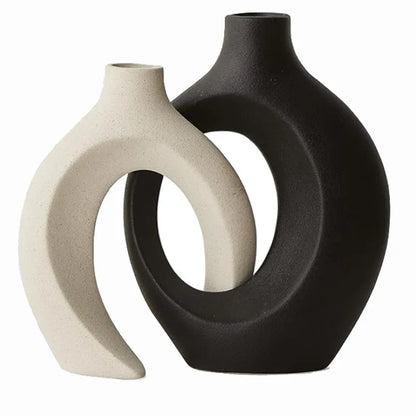 ,  Hollow Cuddled Ceramic Vase, 2 for Modern Home Decoration, Boho Donut Vase, Black and White Minimalist Decorative Flowerpot