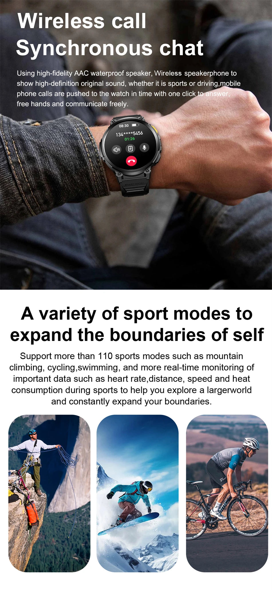 LIGE 1.85"HD Screen Outdoor Sport Smartwatch Men Heart Rate Flashlight Watch 730mAh Battery Waterproof Wireless Call Smart Watch