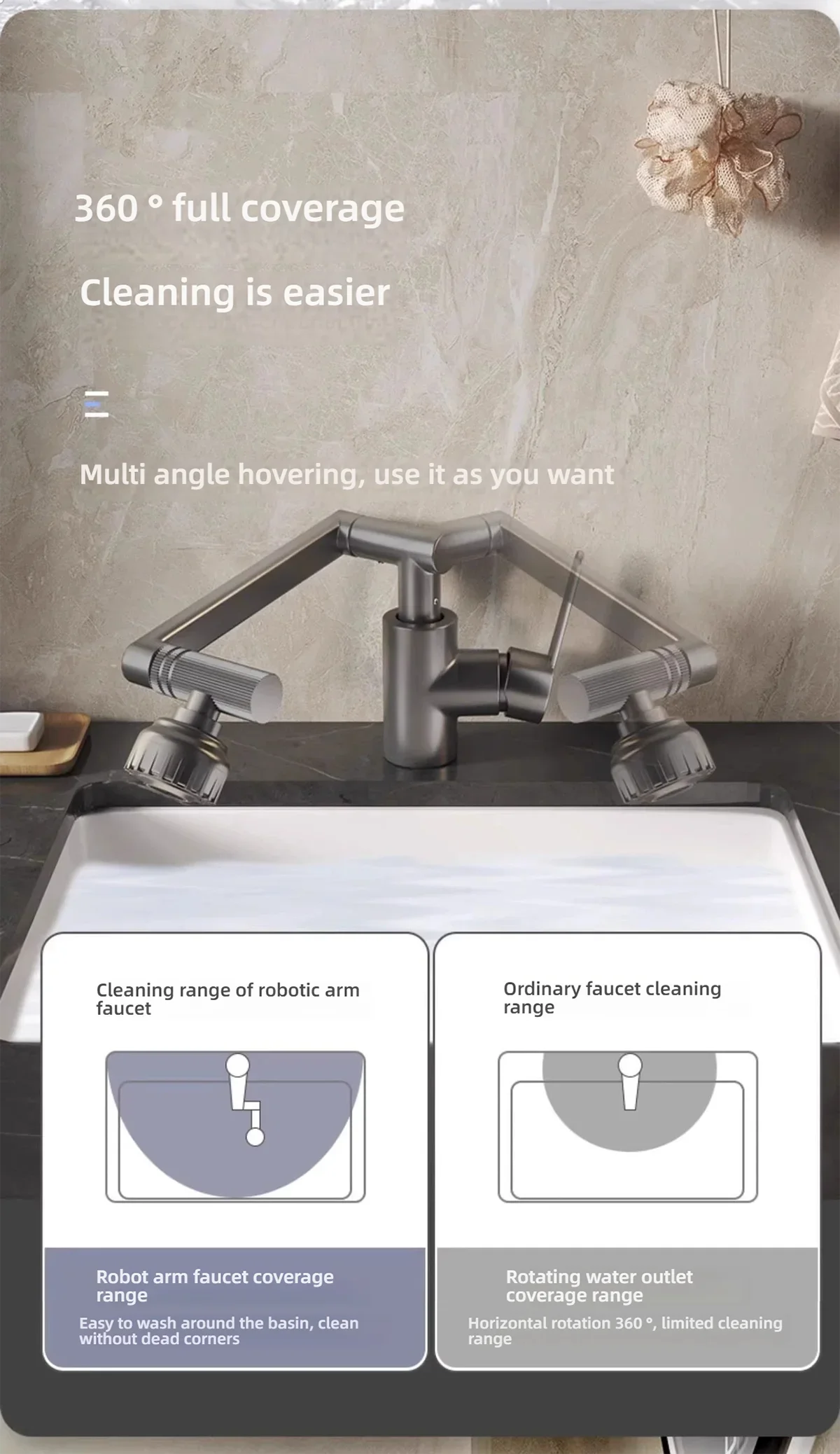 Dual Mode Universal Rotating Faucet Robotic Arm Wash Basin Kitchen Bathroom Hot and Cold Household Basin Wash Basin Sink