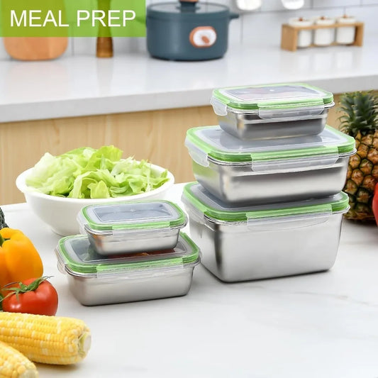 304 Stainless Steel Food Grade 1/3 Set Food Storage Container Lunch Box Leak-Proof Silicone Lid Dishwasher Safe Bento Box