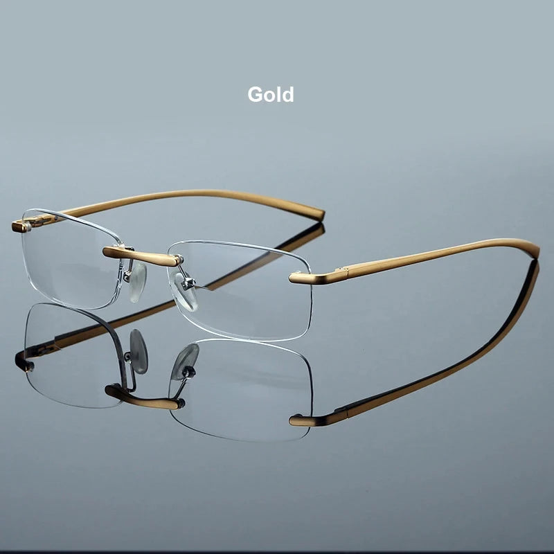 Men's Anti Blue Light Blocking Reading Glasses Cut Frameless Metal HD Lens Eyewear Women Prescription Presbyopic Glasses +400