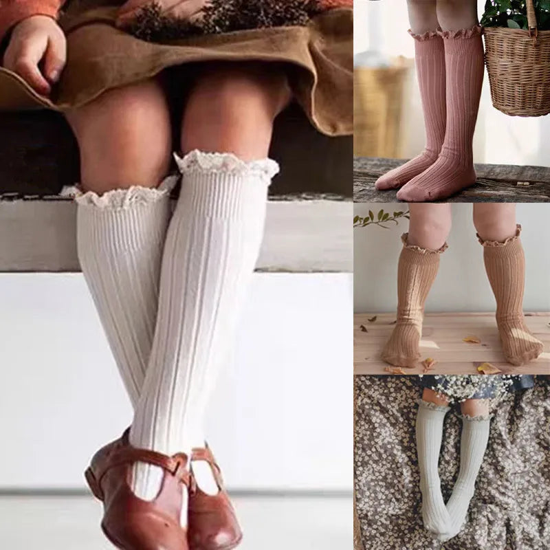 Ruffle Kids Knee High Socks Baby Girls Toddlers Long Soft Cotton Sock Lace Flower Children School Uniform Socks For 0-8 Years