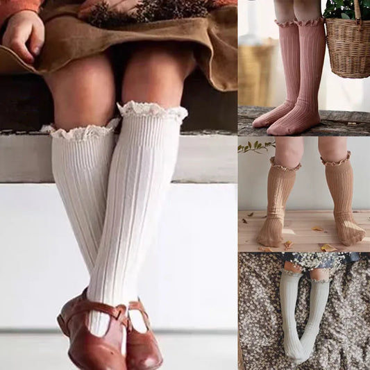 Ruffle Kids Knee High Socks Baby Girls Toddlers Long Soft Cotton Sock Lace Flower Children School Uniform Socks For 0-8 Years