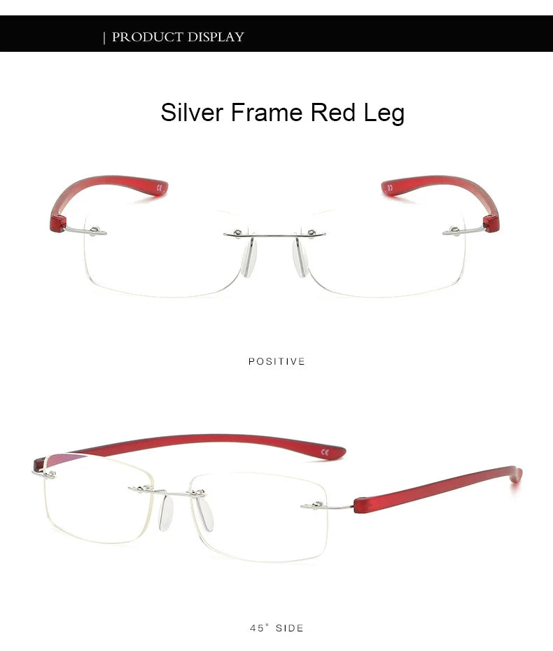 Men's Anti Blue Light Blocking Reading Glasses Cut Frameless Metal HD Lens Eyewear Women Prescription Presbyopic Glasses +400