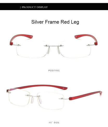 Men's Anti Blue Light Blocking Reading Glasses Cut Frameless Metal HD Lens Eyewear Women Prescription Presbyopic Glasses +400