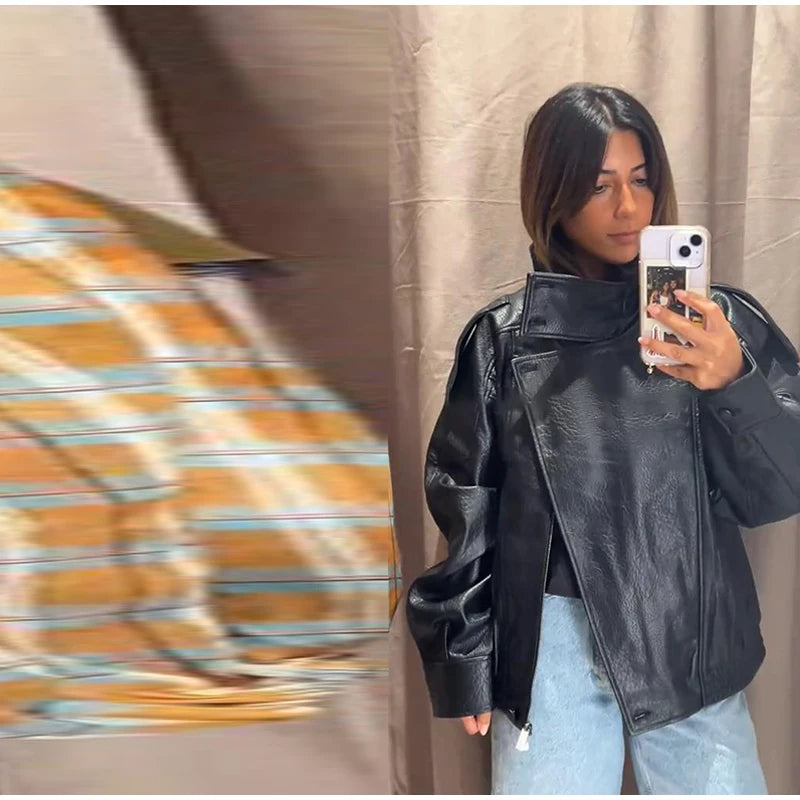 Retro Stand Collar PU Leather Jacket Women Classic Casual Zipper Single Breasted Black Jackets Lady 2025 Autumn Chic Streetwear