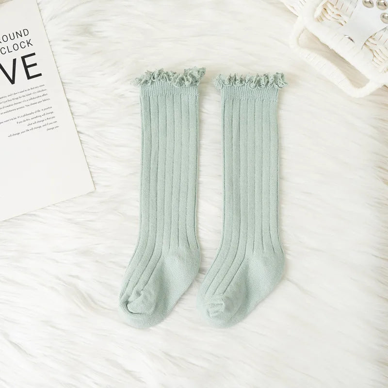 Ruffle Kids Knee High Socks Baby Girls Toddlers Long Soft Cotton Sock Lace Flower Children School Uniform Socks For 0-8 Years