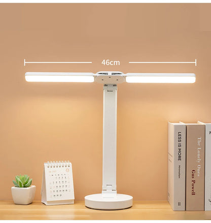LED Table Lamp USB Chargeable Dimmable Clock Desk Lamps 2 Heads 180 Rotate Foldable Eye Protection Desktop Reading Night Lights