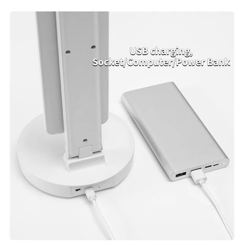LED Table Lamp USB Chargeable Dimmable Clock Desk Lamps 2 Heads 180 Rotate Foldable Eye Protection Desktop Reading Night Lights