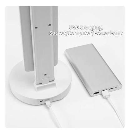 LED Table Lamp USB Chargeable Dimmable Clock Desk Lamps 2 Heads 180 Rotate Foldable Eye Protection Desktop Reading Night Lights