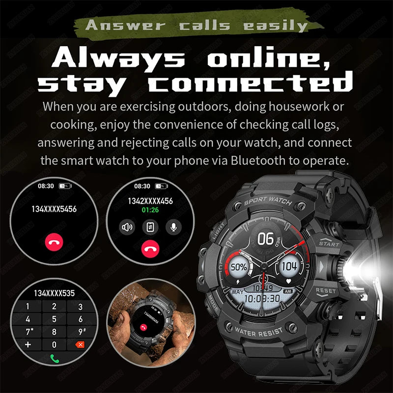 2025 New Rugged Outdoors Sports Smart Watch Men Bluetooth Call Colorful IP68 Waterproof Military Compass Smartwatches Flashlight