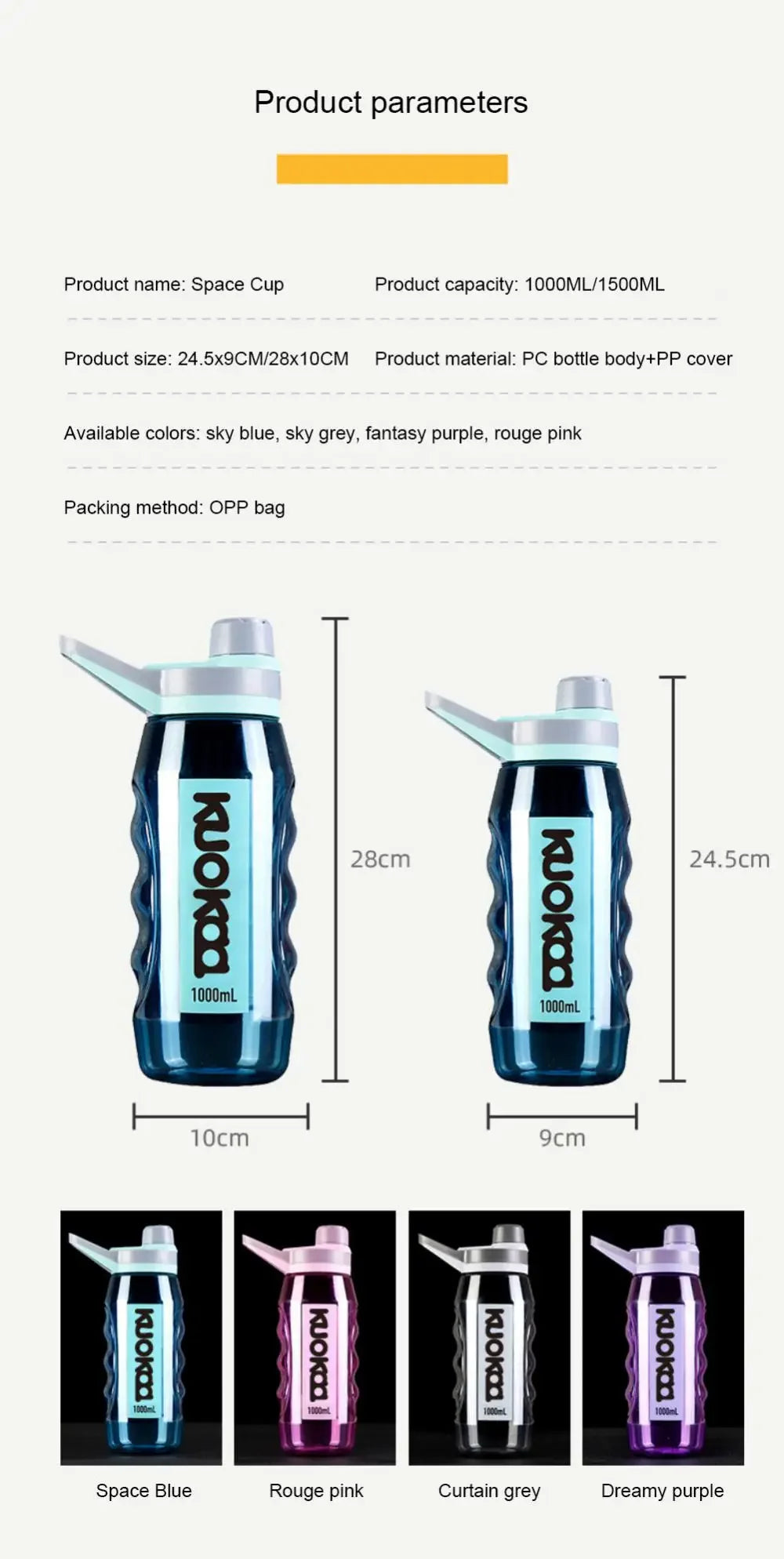 1/1.5L Leak Proof Water Cup Environmentally Plastic Water Bottles Sports Bottle Large Capacity Travel Water Bottle Flip