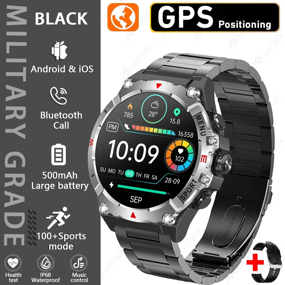 Military GPS Smart Watch Men AMOLED HD Screen Altitude Compass Heart Rate Sports Watch BT Calling IP68&10ATM Waterproof Watch