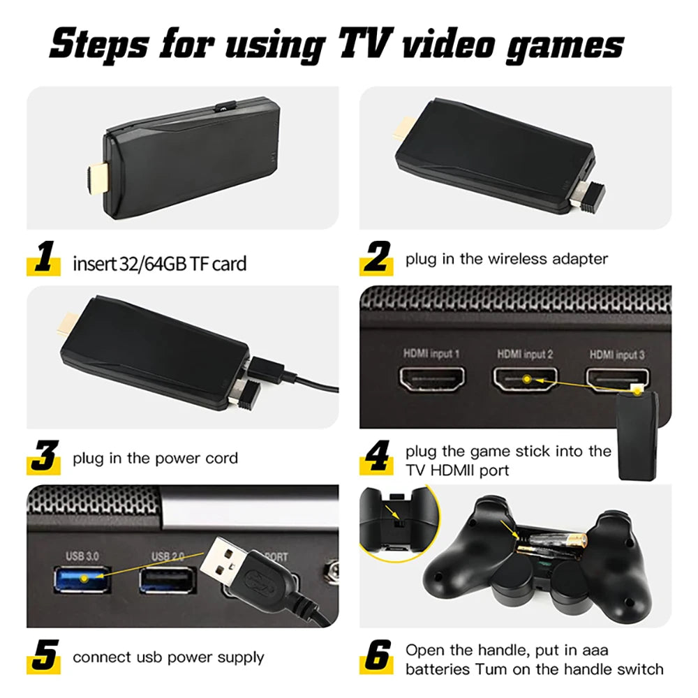 4K TV Game Stick Built-in 20000+ Games Retro Handheld Game Player NEW Video Game Console 64G 2.4G Wireless Controller Gamepad