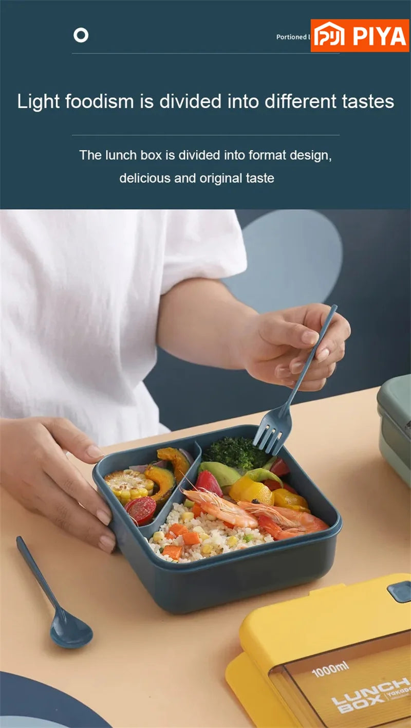 Portable Lunch Box Grid Children Student Office Bento Box with Fork Spoon Leakproof Microwavable Prevent School Food Storage Box