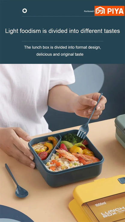 Portable Lunch Box Grid Children Student Office Bento Box with Fork Spoon Leakproof Microwavable Prevent School Food Storage Box