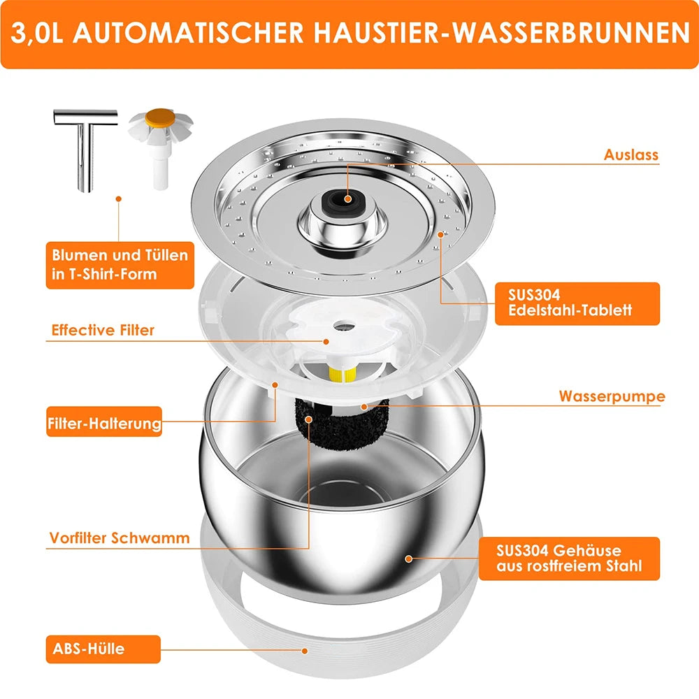 Cat Water Fountain Stainless Steel 3L Automatic Ultra Quiet Dog Water Dispenser Faucet Shape Water Fountain for Cats Dogs Bowl