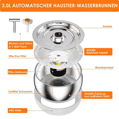 Cat Water Fountain Stainless Steel 3L Automatic Ultra Quiet Dog Water Dispenser Faucet Shape Water Fountain for Cats Dogs Bowl
