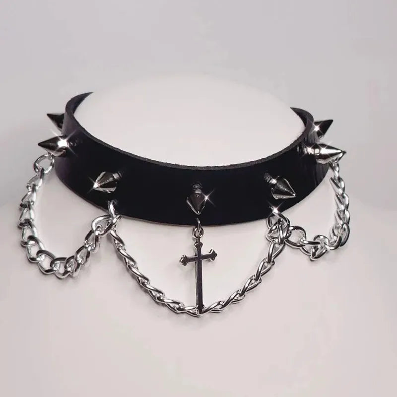Choker with Silver Tone Cross with Punk Gorgeous Alternative Jewellery Pendant Necklace Wide Statement Charm Women Gift Harajuku