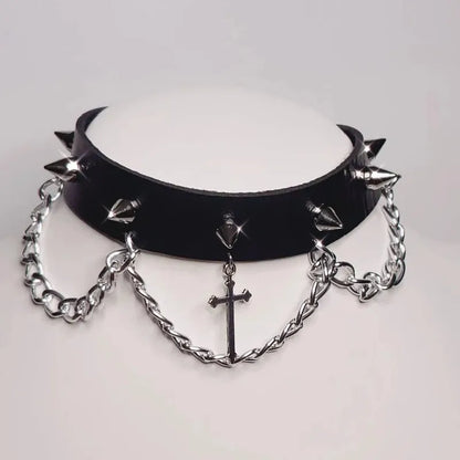 Choker with Silver Tone Cross with Punk Gorgeous Alternative Jewellery Pendant Necklace Wide Statement Charm Women Gift Harajuku