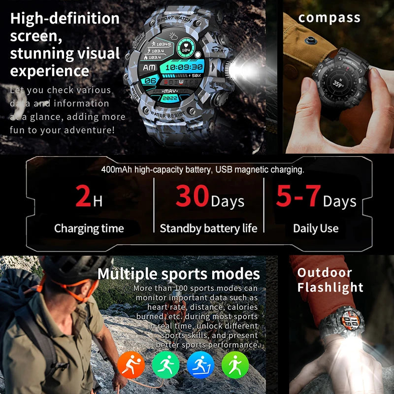 2025 New Rugged Outdoors Sports Smart Watch Men Bluetooth Call Colorful IP68 Waterproof Military Compass Smartwatches Flashlight