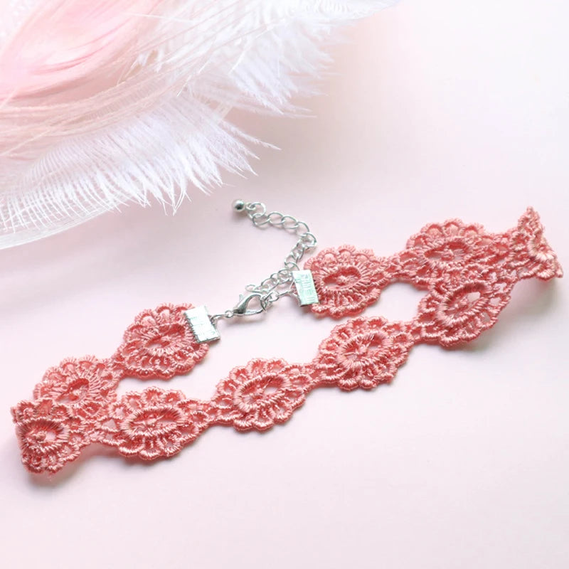 Fashion Women's Choker Necklace Lovely Gothic Pink Lace Pearl Pendant Elastic Short Clavicle Necklace Jewelry Gift For Girls