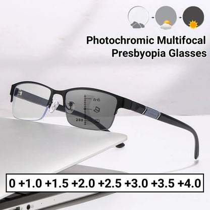 Metal Frame Far Sighted Eyeglasses with Sunshades Smart Photochromic Multifocal Reading Glasses Men Business Presbyopia Eyewear