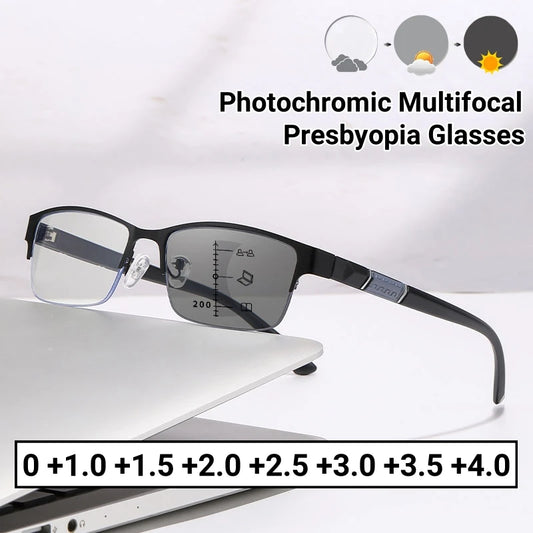 Metal Frame Far Sighted Eyeglasses with Sunshades Smart Photochromic Multifocal Reading Glasses Men Business Presbyopia Eyewear