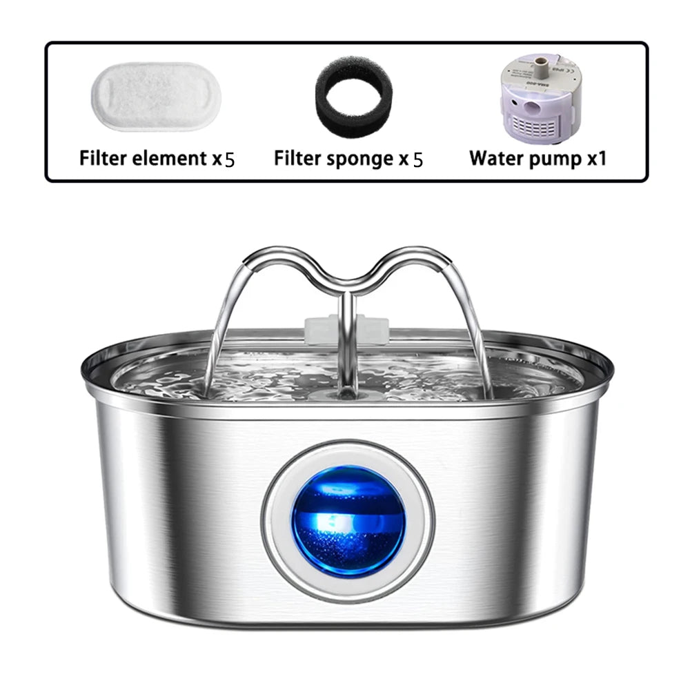 108oz/3.2L Cat Water Stainless Steel Pets Dispenser With LED Light Silent Pump Automatic Fountain For Cat Dog Drinking Bowl