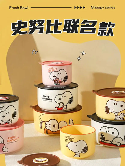 Snoopy animation peripheral cartoon safety bowl sealed ceramic box with lid can be microwaved and portable for office workers