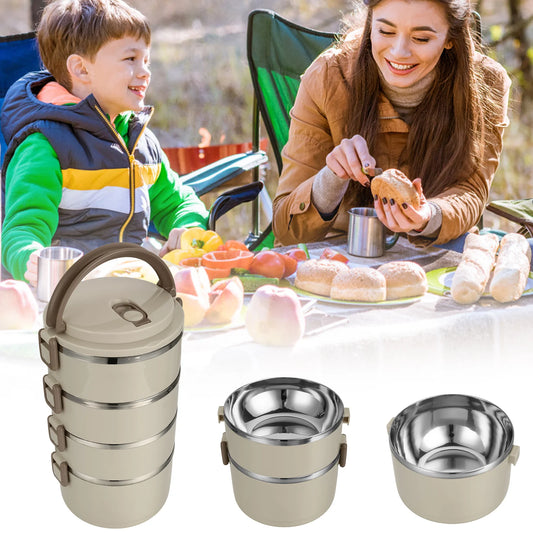 Portable 2/3/4 Layers Picnic Box Outdoor Camping Stainless Steel Insulated Lunch Box Large Capacity Circular Lunch Box With Lid