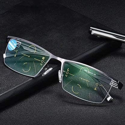 2023 Stainless Steel Bifocal Reading Glasses for Mens Anti Blue Light Business Half Frame Presbyopia Eyeglasses +1.0 To +4.0