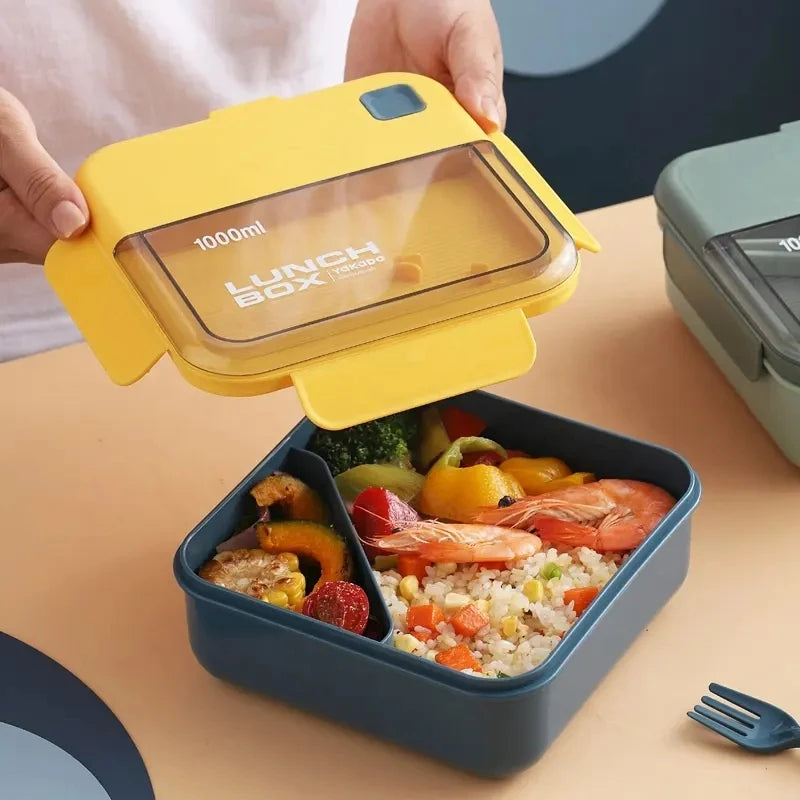 Portable Lunch Box Grid Children Student Office Bento Box with Fork Spoon Leakproof Microwavable Prevent School Food Storage Box