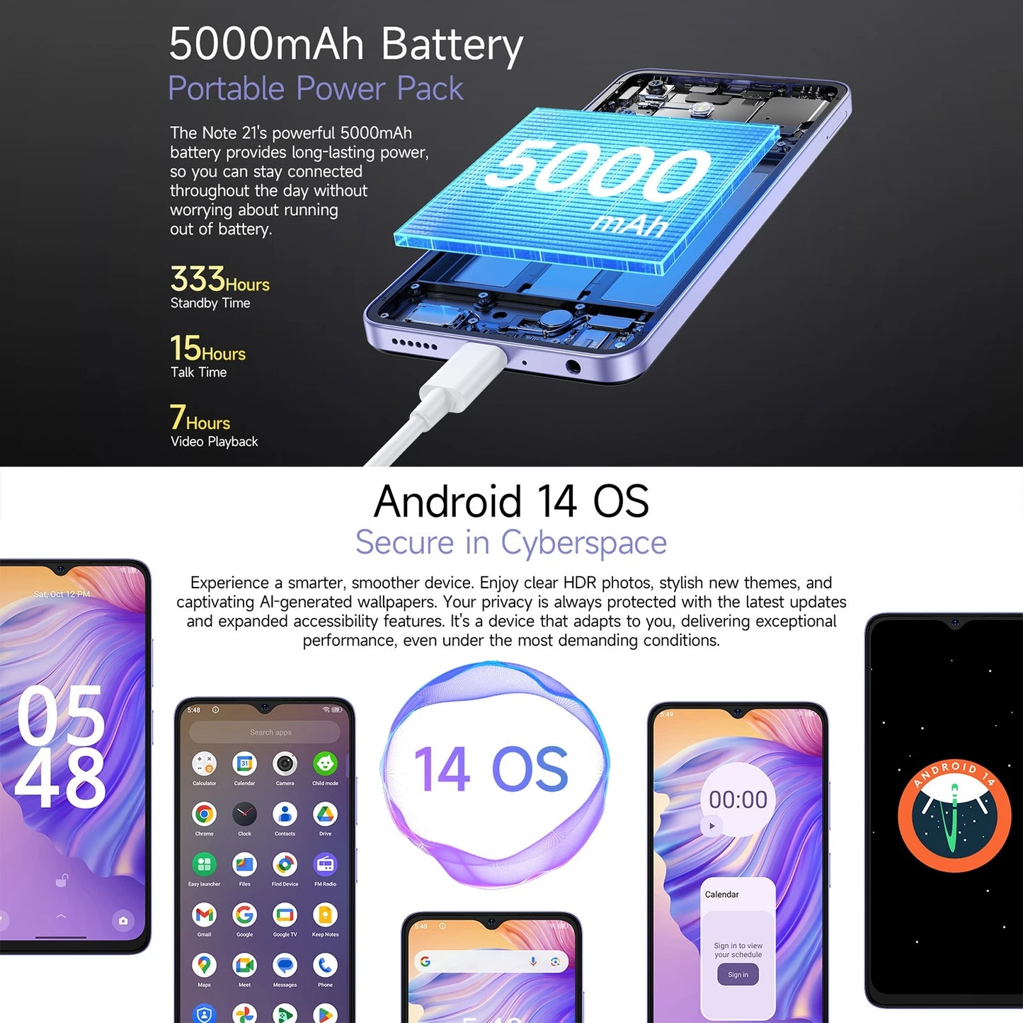 Ulefone Note 21 Smartphone 6.56" 90Hz 5000mAh Battery 4GB+128GB Unisoc T606 13MP Camera 4G Android 14 Mobile Phone