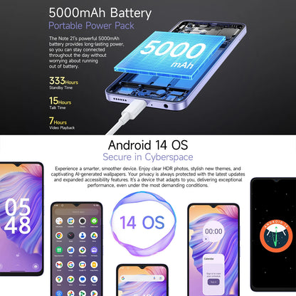 Ulefone Note 21 Smartphone 6.56" 90Hz 5000mAh Battery 4GB+128GB Unisoc T606 13MP Camera 4G Android 14 Mobile Phone