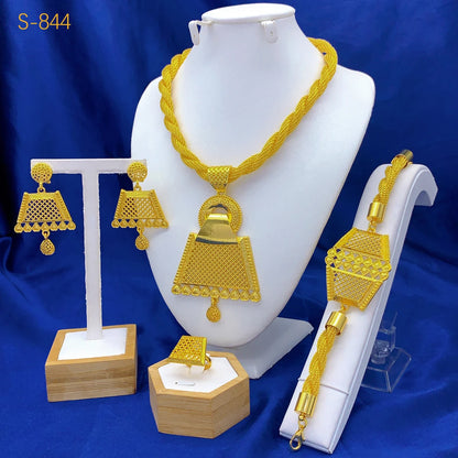 Luxury Dubai Rectangle Necklace And Earrings Jewelry Sets For Women Ethiopian Indian Bridal 24k Gold Color Set Wedding Party