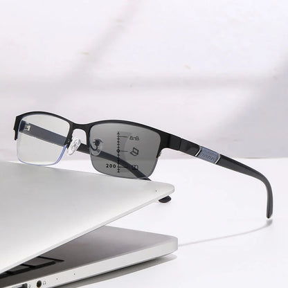 Metal Frame Far Sighted Eyeglasses with Sunshades Smart Photochromic Multifocal Reading Glasses Men Business Presbyopia Eyewear
