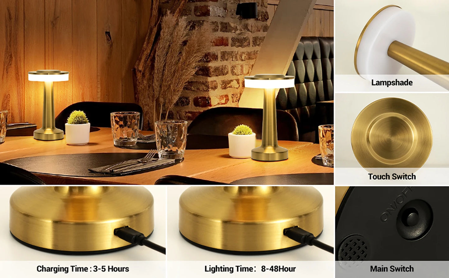 LED Table Lamp Touch Sensor Rechargeable Desktop Night Light Wireless Reading Lamp for Restaurant Hotel Bar Bedroom Decor Light