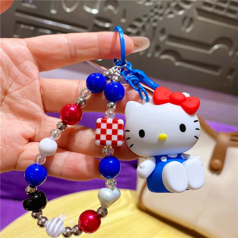 Wholesale Sanrio Keychain Hello Kitty Schoolbag Pendant Kawaii Kt Red Blue White Cartoon Key Kitty Tv Beaded Keyring Girl Gift ﻿