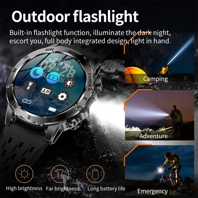 Outdoors Smart Watch Men Women BT Call Health Music 800Mah Battery Smartwatch Flashlight Compass Sports Fitness IP68 Waterproof