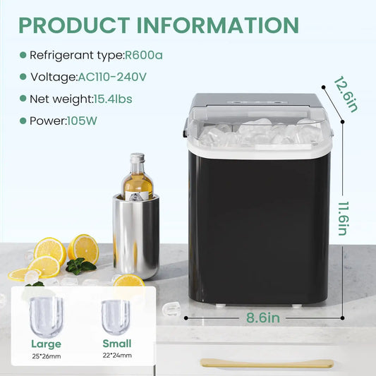 Countertop Ice Maker, Machine Self-Cleaning, 2 Sizes Bullet Ice, Portable Ice Machine with Ice Scoop, Basket and Handle, Black