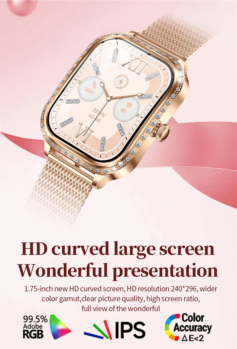 New Fashion Women Smart Watch 1.75inch Curved Screen Sports Bracelet BT HD Calling Clock IP68 Waterproof Diamond Case Smartwatch