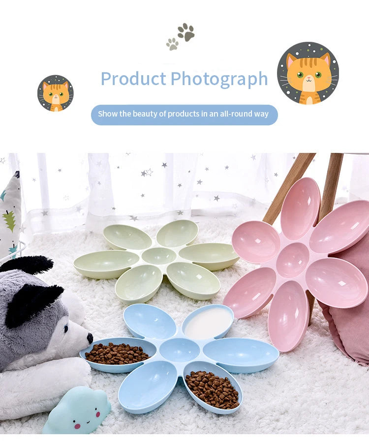 Flower Shaped Pet Bowl with 6 Connected Bowls for Small Dog and Cat, Water Dish, Puppy Feeding Bowls, Slow Down Eating Feeder
